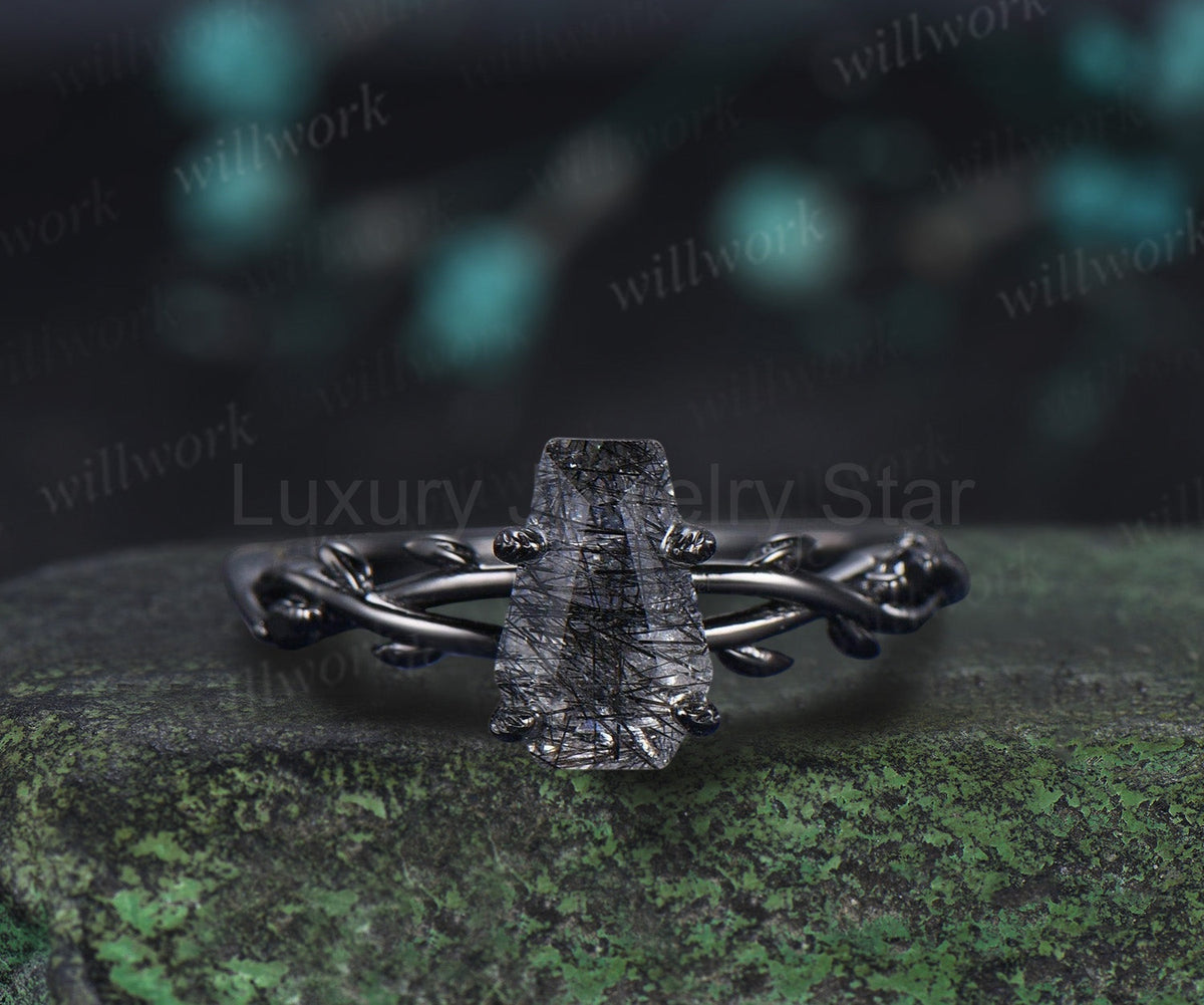 Retro Coffin Cut Natural Black Rutilated Quartz Engagement Ring Set Twig Vine Black Gothic - image 3
