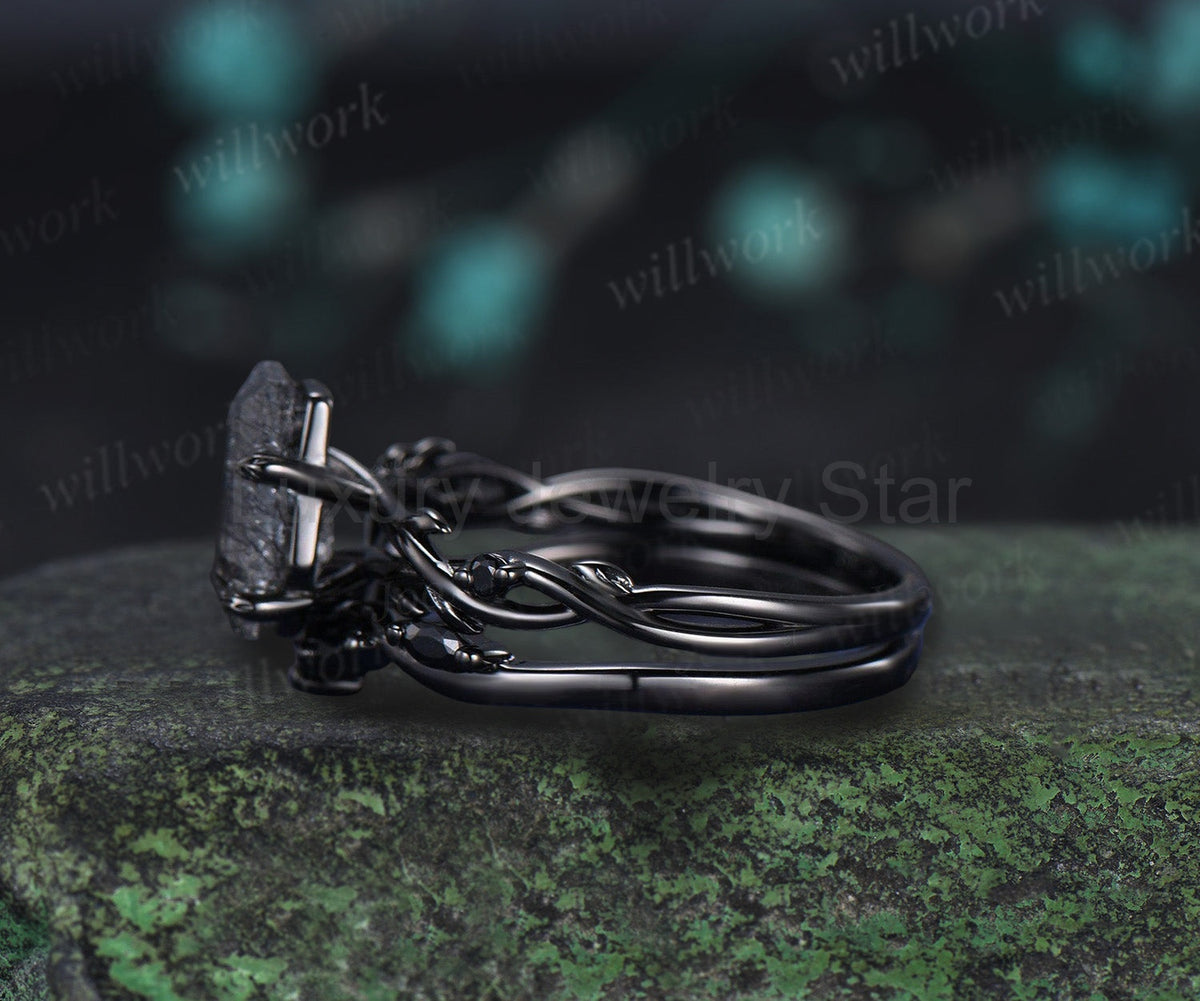 Retro Coffin Cut Natural Black Rutilated Quartz Engagement Ring Set Twig Vine Black Gothic - image 4