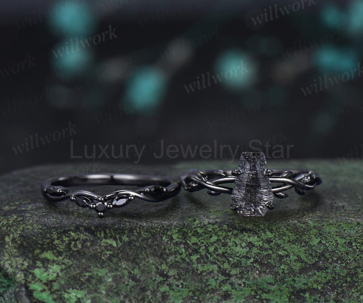 Retro Coffin Cut Natural Black Rutilated Quartz Engagement Ring Set Twig Vine Black Gothic - image 5