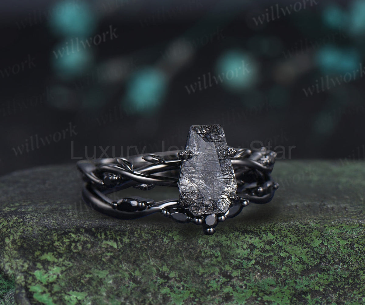 Retro Coffin Cut Natural Black Rutilated Quartz Engagement Ring Set Twig Vine Black Gothic - image 6