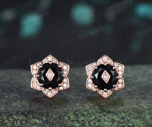 Round Black Onyx Floral Halo Stud Earrings Art Deco Diamond Halo Earrings with Rhombus Inset Unique