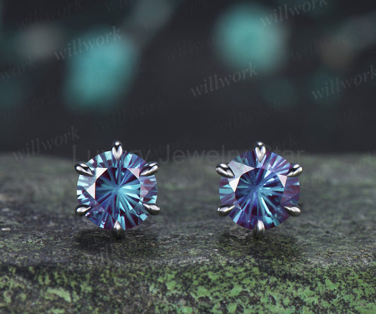 Round Fireworks Cut Alexandrite Stud Earrings Claw Prong Solitaire Minimalist Earrings Color Change