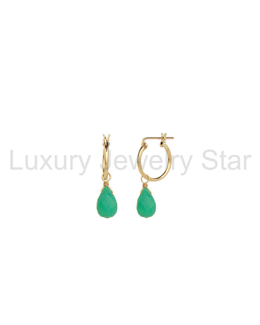 Green Chalcedony Teardrop Floating Drop Huggies | 14mm