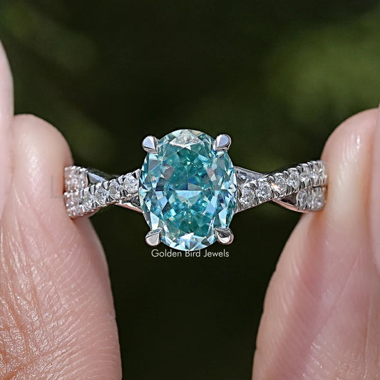 Blue Oval Moissanite Accent Wedding Ring