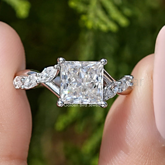 Colorless Square Cut Moissanite Floral Promise Ring