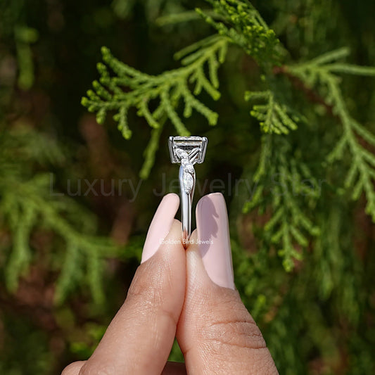 Colorless Square Cut Moissanite Floral Promise Ring