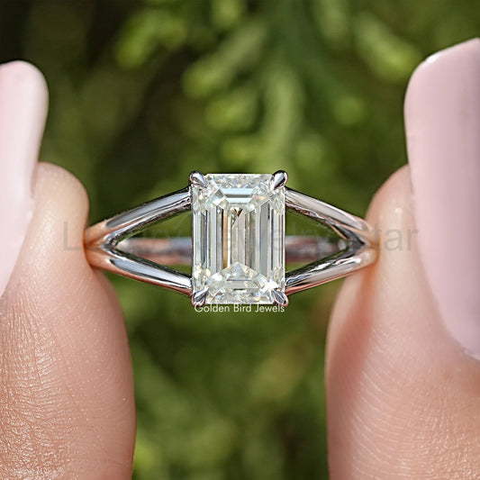 Emerald Cut Moissanite Split Shank Ring