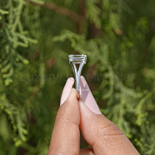 Emerald Cut Moissanite Split Shank Ring