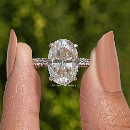 Moissanite Hidden Halo Oval Cut Engagement Ring