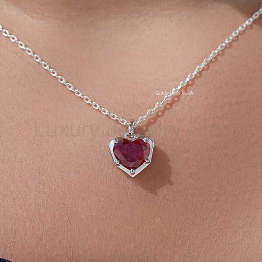 Red Ruby Heart Cut Gemstone Solitaire Necklace