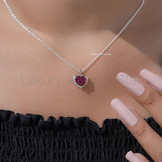 Red Ruby Heart Cut Gemstone Solitaire Necklace
