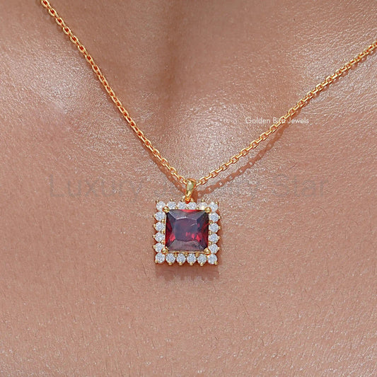 Red Ruby Princess Cut Moissanite Gemstone Halo Pendant