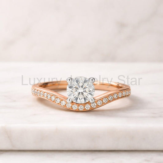 Round Cut Lab Grown Diamond Chevron Engagement Ring in 14K Yellow Gold