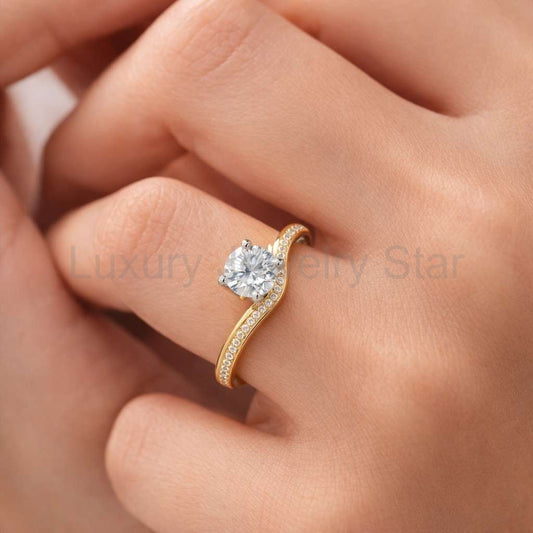 Round Cut Lab Grown Diamond Chevron Engagement Ring in 14K Yellow Gold - image 2