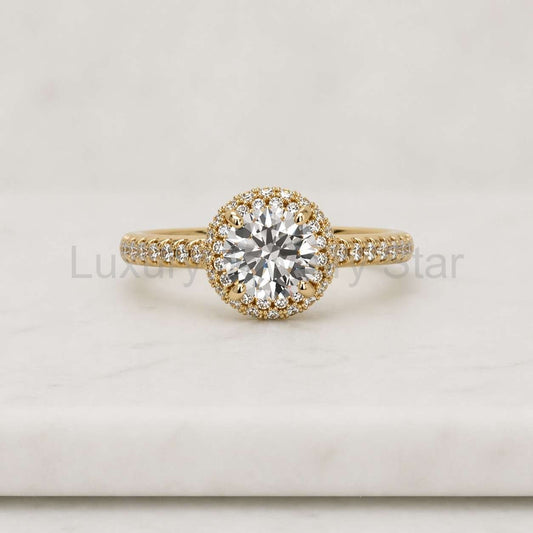 Round Cut Lab Grown Diamond Halo Engagement Ring in 14K Yellow Gold