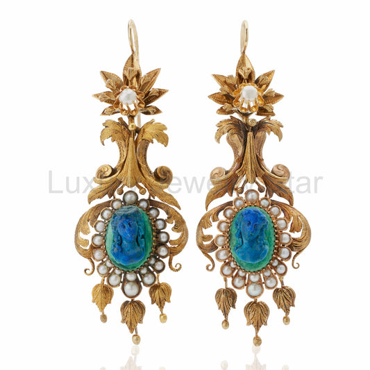 1840s Azurmalachite Cameo Pendant Earrings
