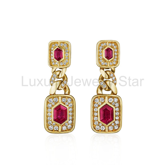 Bulgari Ruby and Diamond Chain Link Pendant Earrings