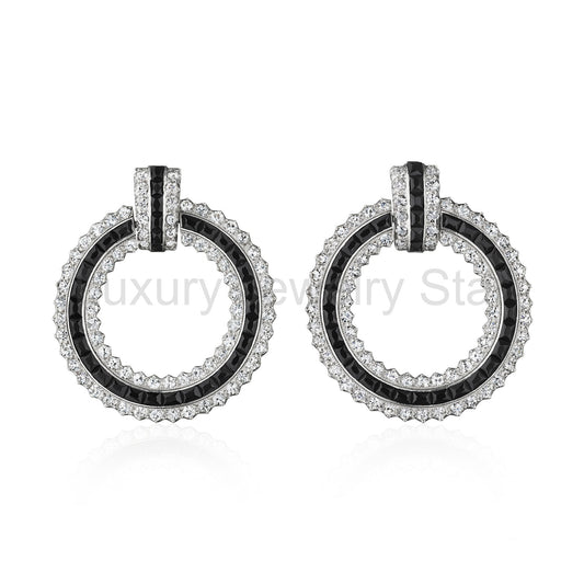 Cartier Attributed Art Deco Onyx and Diamond Hoop Earrings