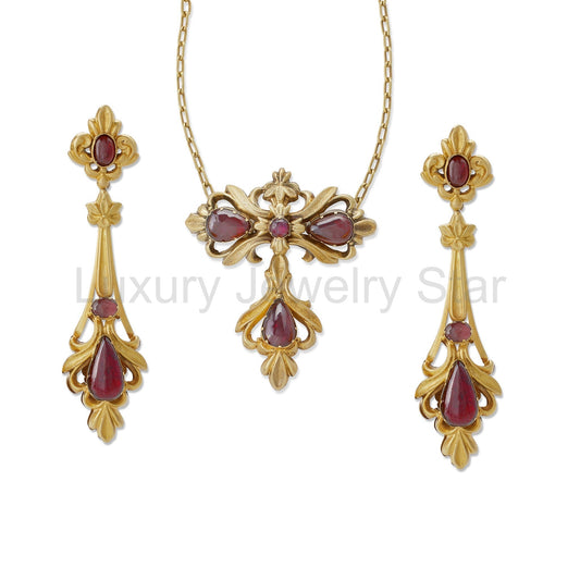English Cabochon Garnet Pendant Earrings and Pendant Necklace