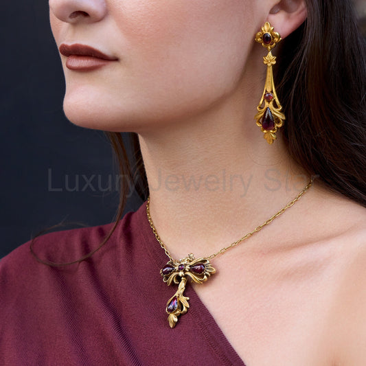 English Cabochon Garnet Pendant Earrings and Pendant Necklace - image 2