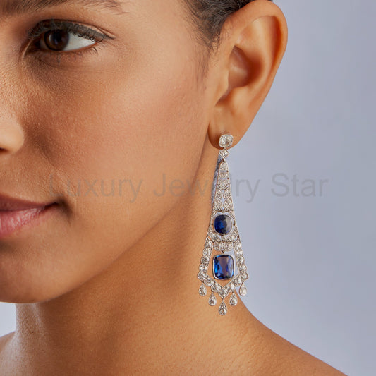 French Art Deco AGL Natural No-Heat Sapphire and Diamond Pendant Earrings - image 2