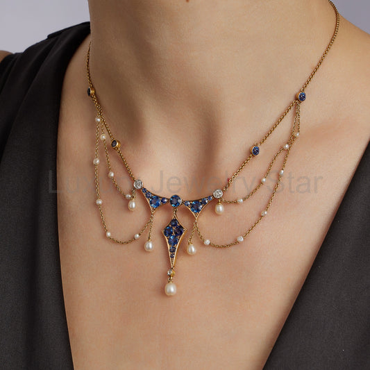 Montana Sapphire, Seed Pearl and Diamond Garland Necklace - image 2