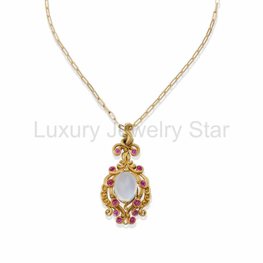 Moonstone and Ruby Gold Pendant Necklace