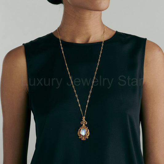 Moonstone and Ruby Gold Pendant Necklace - image 2