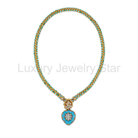 Turquoise, Diamond and Enamel Serpent and Heart Locket Necklace