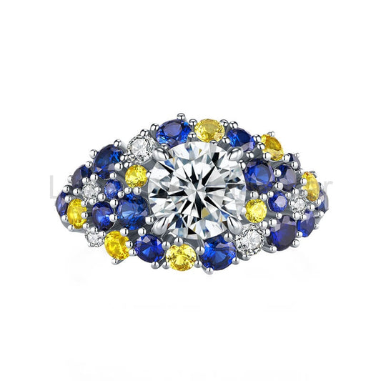 "Starry Night" Moissanite Blue & Yellow Sapphire Cluster Engagement Ring