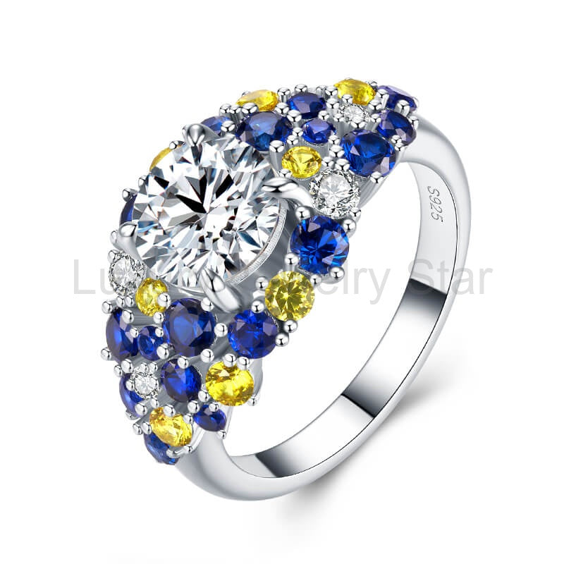 "Starry Night" Moissanite Blue & Yellow Sapphire Cluster Engagement Ring - image 3