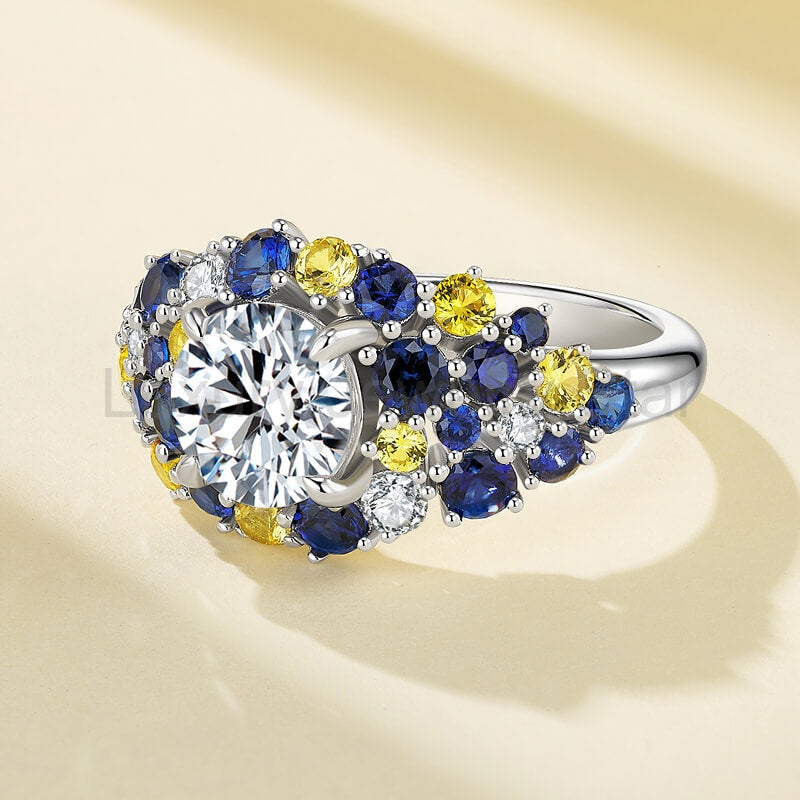 "Starry Night" Moissanite Blue & Yellow Sapphire Cluster Engagement Ring - image 4