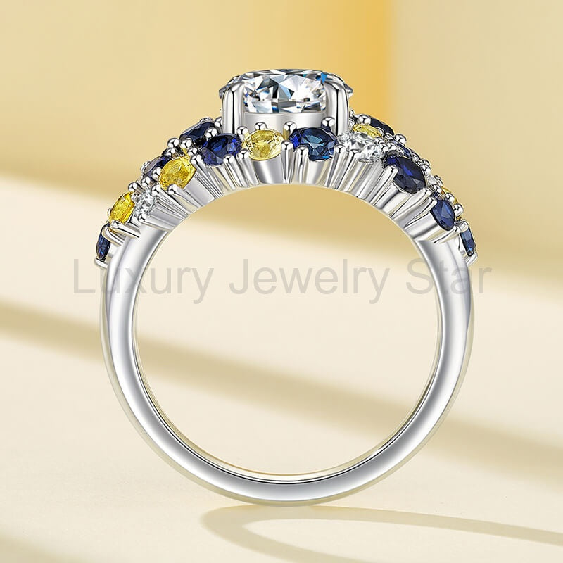 "Starry Night" Moissanite Blue & Yellow Sapphire Cluster Engagement Ring - image 6
