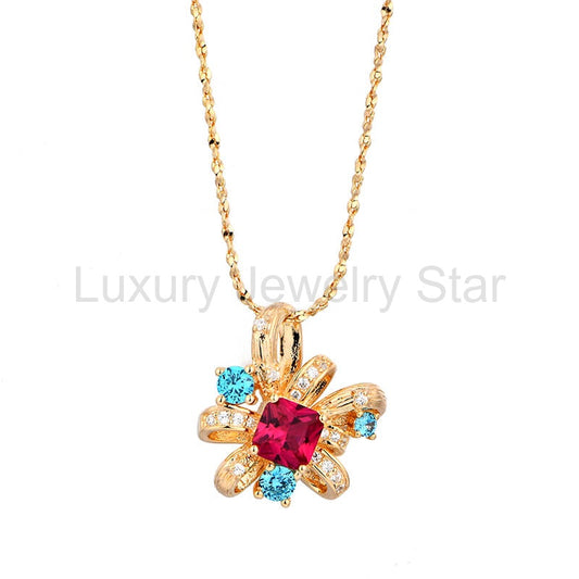 Art Deco Asscher Ruby Side Stone Necklace In Sterling Silver