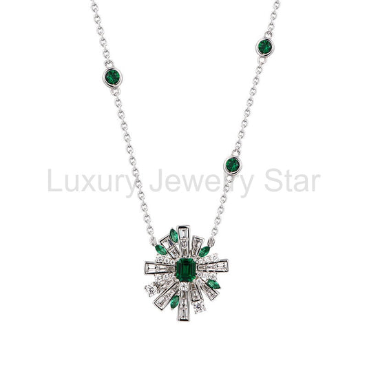 Art Deco Emerald Baguette Cluster Necklace In Sterling Silver
