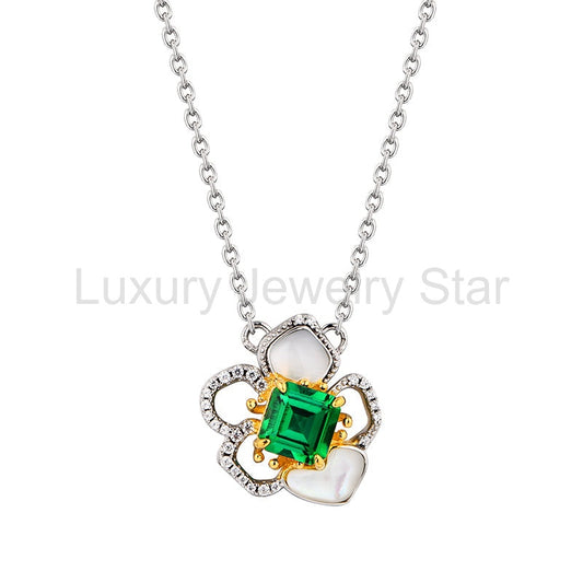 Asscher Emerald Pave Two Tone Necklace In Sterling Silver