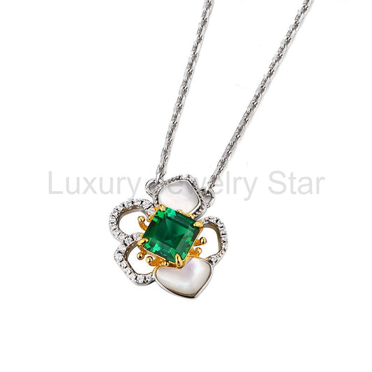 Asscher Emerald Pave Two Tone Necklace In Sterling Silver - image 2