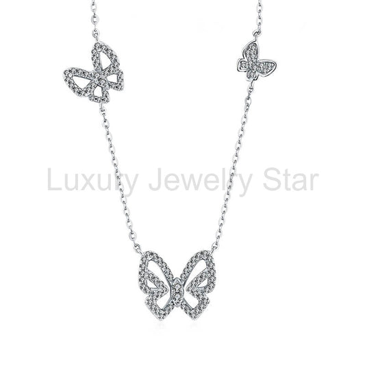 Butterfly Round Moissanite Pave Sterling Silver Necklace