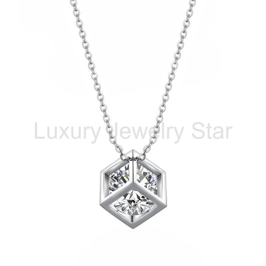 Cube Wrapped Solitaire Moissanite Necklace In Sterling Silver