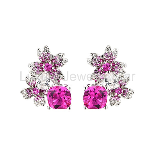 Cushion Cut Red Corundum Cluster Sterling Silver Drop Earrings - image 2