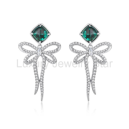 Cushion Emerald Bow-Knot Drop Earrings In Sterling Silver - image 2
