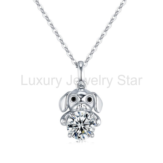 Cute Dog Holding Moissanite Necklace In Sterling Silver