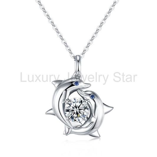 Double Dolphin Surround Moissanite Necklace In Sterling Silver
