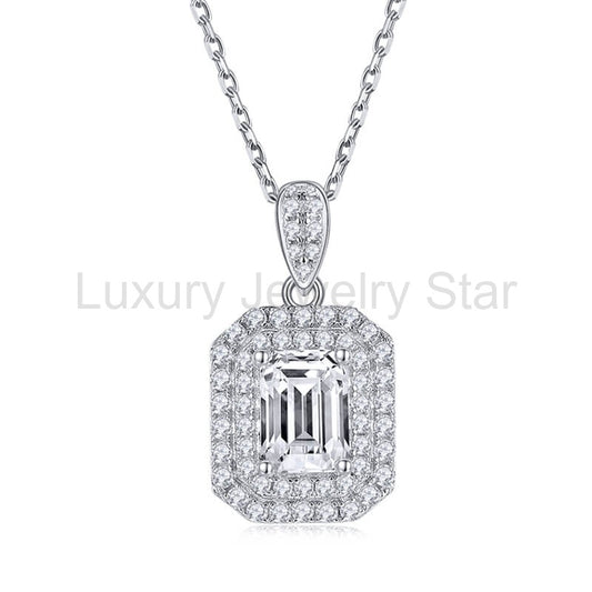 Double Halo Emerald-Cut Moissanite Pendant Necklace