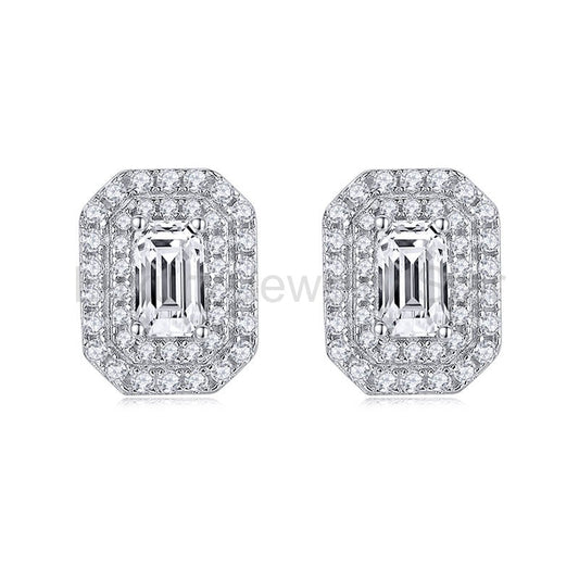 Double Halo Emerald-Cut Moissanite Stud Earrings In Sterling Silver