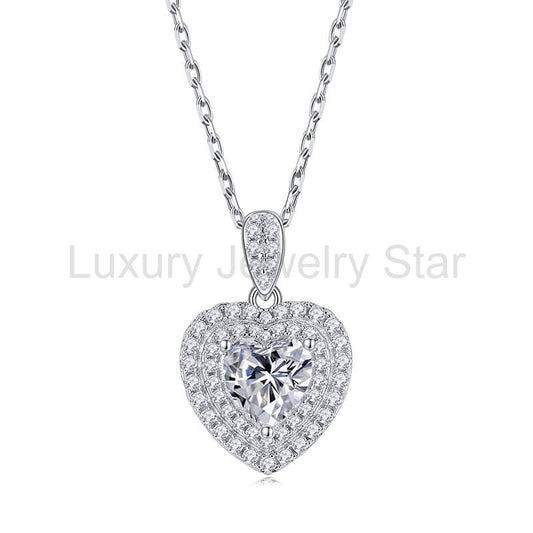 Double Halo Heart Cut Moissanite Pendant Necklace