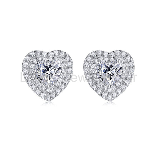 Double Halo Heart Moissanite Stud Earrings In Sterling Silver