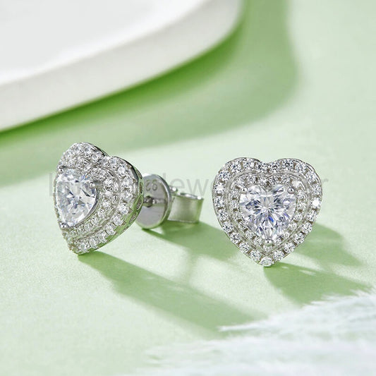 Double Halo Heart Moissanite Stud Earrings In Sterling Silver - image 2