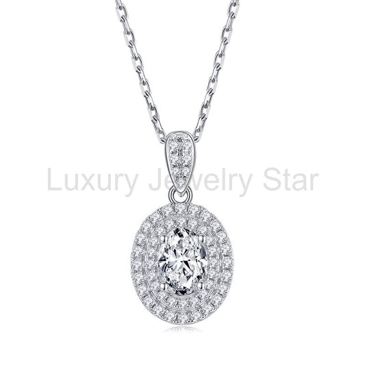 Double Halo Oval Moissanite Pendant Necklace