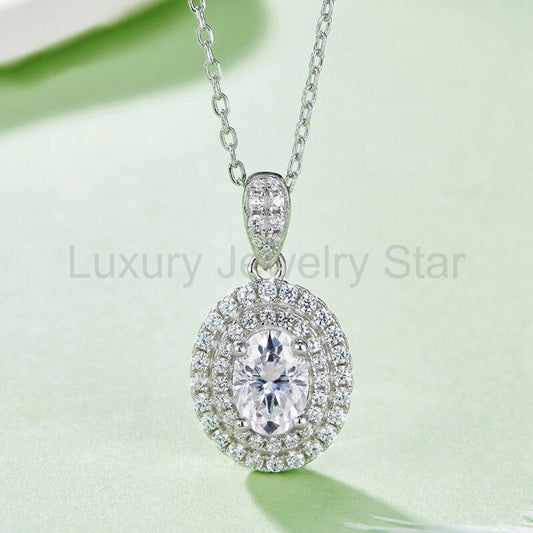 Double Halo Oval Moissanite Pendant Necklace - image 2